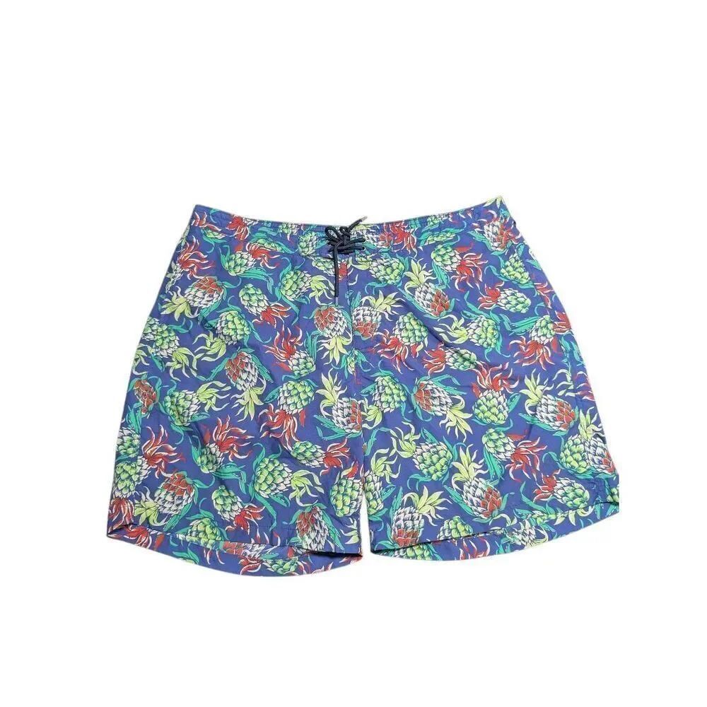 Brooks Brothers Floral Pineapples Mesh Lined Swim Trunks Blue Green Shorts Men's